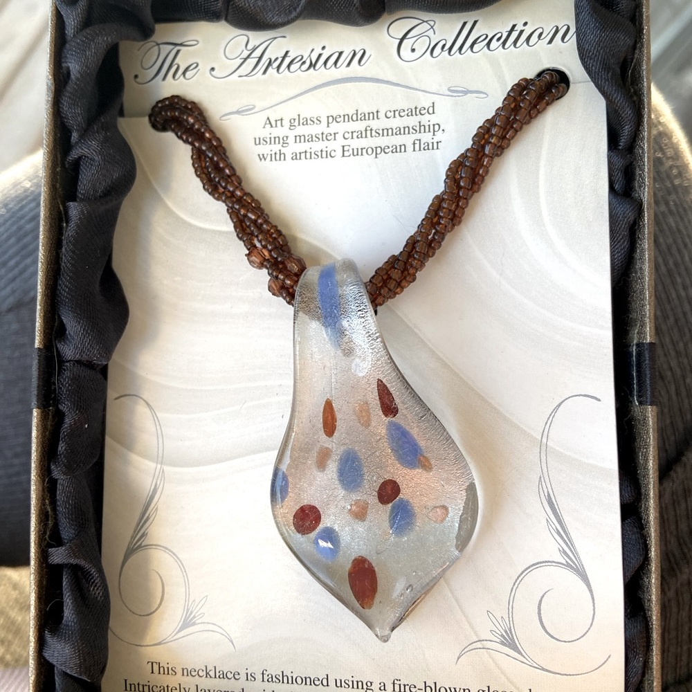 Hand painted Venetian Murano pendant on brown seed beaded rope necklace.